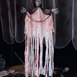 Halloween Bloody Clothes & Iron Chain Hanging Ghost Decoration With Sound & Light Effect Prop For Haunted House, Escape Room, Horror Themed Party Decor, Outdoor & Indoor