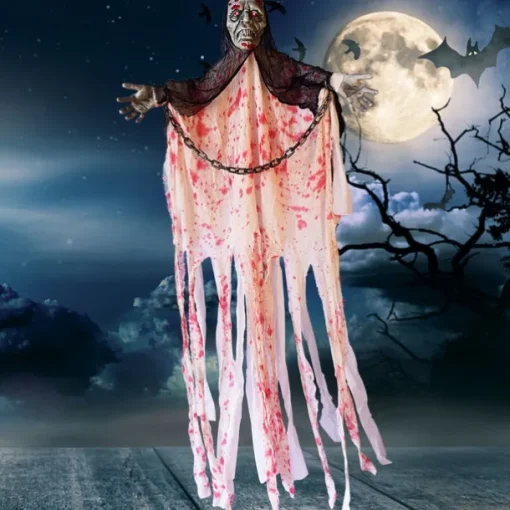 Halloween Bloody Clothes & Iron Chain Hanging Ghost Decoration With Sound & Light Effect Prop For Haunted House, Escape Room, Horror Themed Party Decor, Outdoor & Indoor