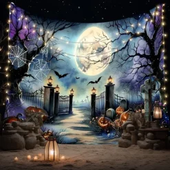 Halloween Cemetery Wall Tapestry Backdrop – Spooky Graveyard Entrance with Jack-O'-Lanterns, Gothic Wall Hanging for 2025 Halloween Home Decoration