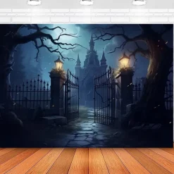 Halloween Cemetery Wall Tapestry Backdrop – Spooky Graveyard Entrance with Jack-O'-Lanterns, Gothic Wall Hanging for 2025 Halloween Home Decoration