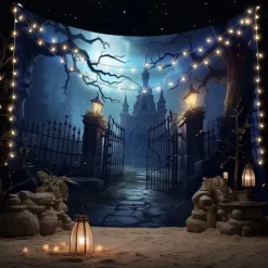 Halloween Cemetery Wall Tapestry Backdrop – Spooky Graveyard Entrance with Jack-O'-Lanterns, Gothic Wall Hanging for 2025 Halloween Home Decoration