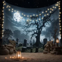 Halloween Cemetery Wall Tapestry Backdrop – Spooky Graveyard Scene with Full Moon and Haunted Tree, Gothic Wall Hanging for Home, Party, Photography