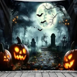 Halloween Cemetery Wall Tapestry Backdrop – Spooky Graveyard Scene with Full Moon and Haunted Tree, Gothic Wall Hanging for Home, Party, Photography