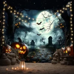 Halloween Cemetery Wall Tapestry Backdrop – Spooky Graveyard Scene with Full Moon and Haunted Tree, Gothic Wall Hanging for Home, Party, Photography
