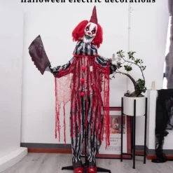 Halloween Clown Figurine Holding A Butcher's Knife, Haunted House Secret Room Electric Sensor Light-Up Decorative Prop