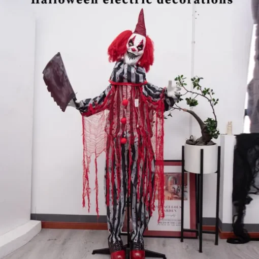 Halloween Clown Figurine Holding A Butcher's Knife, Haunted House Secret Room Electric Sensor Light-Up Decorative Prop