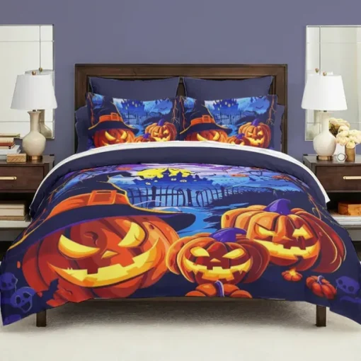 Halloween Collection Duvet Cover Set 3 Piece Set Jack O Lantern Pumpkin Super Soft Skin-friendly Long-lasting