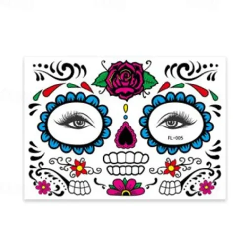Halloween Day of The Dead Face Tattoo Stickers, Sugar Skull Temporary Face Tattoos for Dia de los Muertos Makeup, Funny Scary Face Decoration for Party