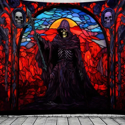 Halloween Death Hanging Tapestry Stained Glass Wall Art Large Tapestry Mural Decor Photograph Backdrop Blanket Curtain Home Bedroom Living Room Decoration Decorations