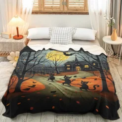 Halloween Decoration Cat Throw Blanket - Soft and Cozy Fleece with Spooky Cat Design - Perfect for Halloween Decor or Snuggling Up - Durable and High-Quality Fabric