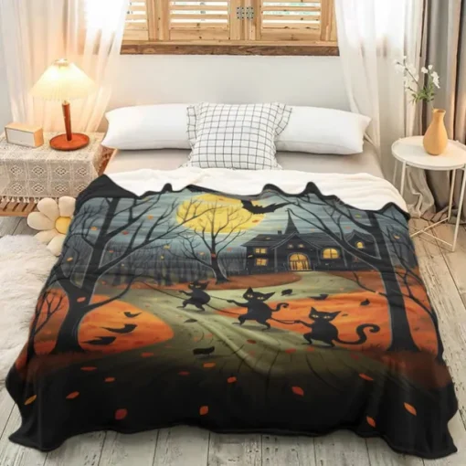 Halloween Decoration Cat Throw Blanket - Soft and Cozy Fleece with Spooky Cat Design - Perfect for Halloween Decor or Snuggling Up - Durable and High-Quality Fabric