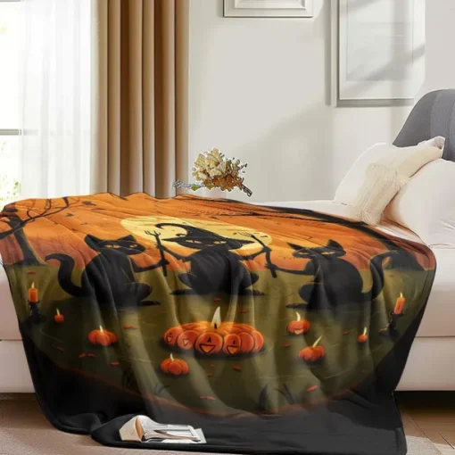 Halloween Decoration Cat Throw Blanket - Soft and Cozy Fleece with Spooky Cat Design - Perfect for Halloween Decor or Snuggling Up - Durable and High-Quality Fabric