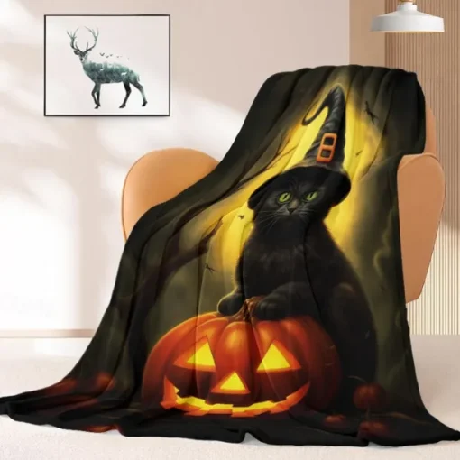 Halloween Decoration Cat Throw Blanket - Soft and Cozy Fleece with Spooky Cat Design - Perfect for Halloween Decor or Snuggling Up - Durable and High-Quality Fabric