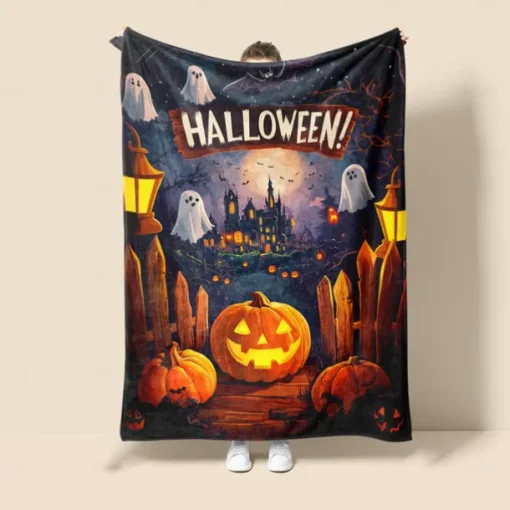 Halloween Decoration Jack O' Lantern Pumpkin Throw Blanket - Soft and Cozy Fleece with Festive Pumpkin Design - Perfect for Halloween Decor and Keeping Warm