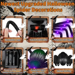 Halloween Decoration LED Spider Outdoor, Light Up Halloween Spider Decorations Bendable Fake Spider with Back Gradient Light,Halloween Decor for Home Yard Costumes Parties Garden Lawn