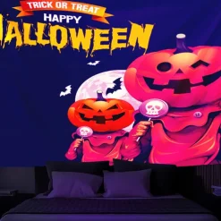 Halloween Decorations Backlight Tapestry Jack O Lantern UV Reactive Hanging Fluorescent Home Decoration Background Cloth Art Home Bedroom Living Room