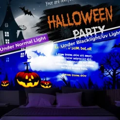 Halloween Decorations Backlight Tapestry UV Reactive Wall Hanging Pumpkin Cloth Fluorescent Home Decoration Background Cloth Art Home Bedroom Living Room Decoration