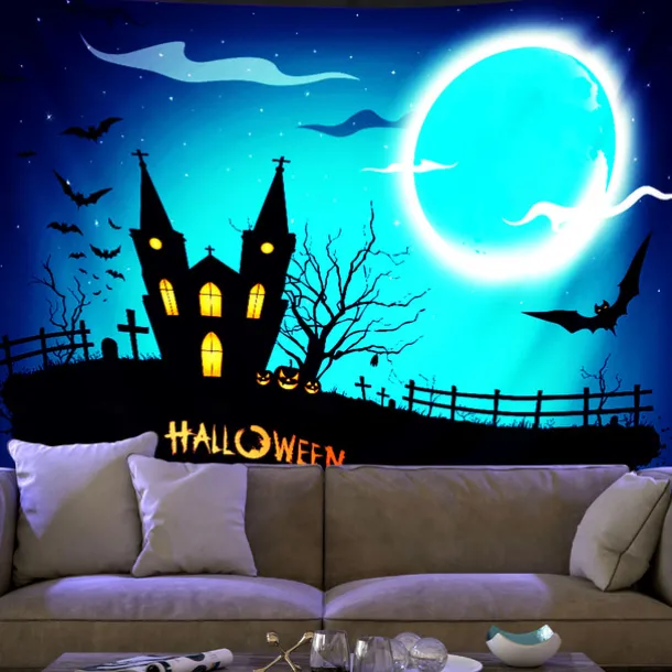 Halloween Decorations Backlight Tapestry UV Reactive Wall Hanging Pumpkin Cloth Fluorescent Home Decoration Background Cloth Art Home Bedroom Living Room Decoration