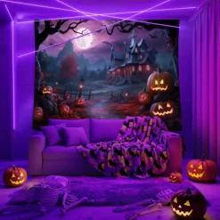 Halloween Decorations Blacklight Tapestry Glow Party Creepy Mansion Castle UV Reactive Glow in the Dark Psychedelic Trippy Misty Hanging Tapestry Wall Art Mural for Living Room Bedroom