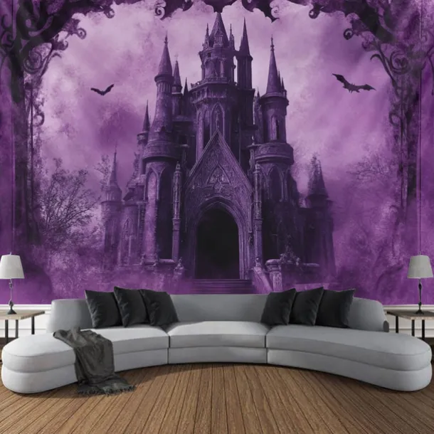 Halloween Decorations Blacklight Tapestry Glow Party Creepy Mansion Castle UV Reactive Glow in the Dark Psychedelic Trippy Misty Hanging Tapestry Wall Art Mural for Living Room Bedroom
