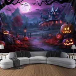 Halloween Decorations Blacklight Tapestry Glow Party Creepy Mansion Castle UV Reactive Glow in the Dark Psychedelic Trippy Misty Hanging Tapestry Wall Art Mural for Living Room Bedroom