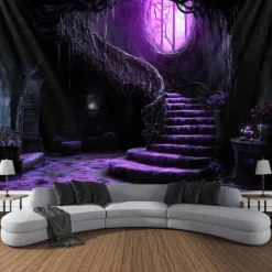 Halloween Decorations Blacklight Tapestry Glow Party Creepy Mansion Castle UV Reactive Glow in the Dark Psychedelic Trippy Misty Hanging Tapestry Wall Art Mural for Living Room Bedroom