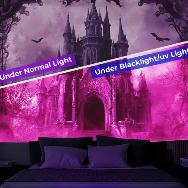 Halloween Decorations Blacklight Tapestry Glow Party Creepy Mansion Castle UV Reactive Glow in the Dark Psychedelic Trippy Misty Hanging Tapestry Wall Art Mural for Living Room Bedroom