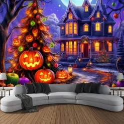 Halloween Decorations Blacklight Tapestry Pumpkins Halloween Trees UV Reactive Glow in the Dark Party Psychedelic Trippy Misty Hanging Tapestry Wall Art Mural for Living Room Bedroom Ghost Castle
