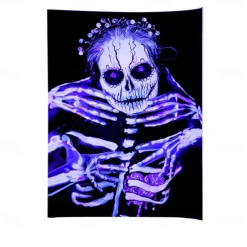 Halloween Decorations Blacklight UV Reactive Wall Tapestry Skeleton Art Decor Blanket Curtain Hanging Home Bedroom Decoration Polyester Skull