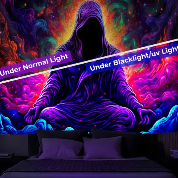 Halloween Decorations Blacklight Tapestry UV Reactive Glow in the Dark Glow Party Neon Ghost Psychedelic Trippy Misty Hanging Tapestry Wall Art Mural for Living Room Bedroom