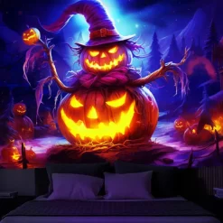 Halloween Decorations Blacklight Tapestry Jack O Lantern UV Reactive Glow in the Dark Glow Party Psychedelic Trippy Misty Hanging Tapestry Wall Art Mural for Living Room Bedroom
