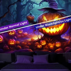 Halloween Decorations Blacklight Tapestry Jack O Lantern UV Reactive Glow in the Dark Glow Party Psychedelic Trippy Misty Hanging Tapestry Wall Art Mural for Living Room Bedroom