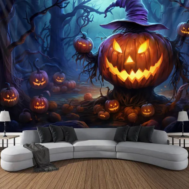 Halloween Decorations Blacklight Tapestry Jack O Lantern UV Reactive Glow in the Dark Glow Party Psychedelic Trippy Misty Hanging Tapestry Wall Art Mural for Living Room Bedroom