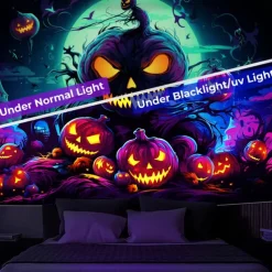 Halloween Decorations Carved Pumpkin Blacklight Tapestry UV Reactive Glow in the Dark Forest Trippy Mountain Misty Zombie Ghost Hanging Tapestry Wall Art Mural for Living Room Bedroom