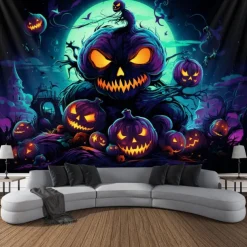 Halloween Decorations Carved Pumpkin Blacklight Tapestry UV Reactive Glow in the Dark Forest Trippy Mountain Misty Zombie Ghost Hanging Tapestry Wall Art Mural for Living Room Bedroom