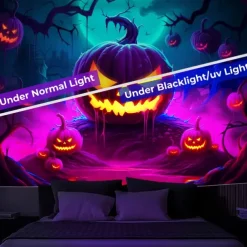Halloween Decorations Carved Pumpkin Blacklight Tapestry UV Reactive Glow in the Dark Forest Trippy Mountain Misty Zombie Ghost Hanging Tapestry Wall Art Mural for Living Room Bedroom