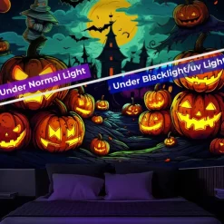 Halloween Decorations Carved Pumpkin Blacklight Tapestry UV Reactive Glow in the Dark Forest Trippy Mountain Misty Zombie Ghost Hanging Tapestry Wall Art Mural for Living Room Bedroom