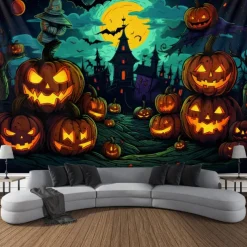 Halloween Decorations Carved Pumpkin Blacklight Tapestry UV Reactive Glow in the Dark Forest Trippy Mountain Misty Zombie Ghost Hanging Tapestry Wall Art Mural for Living Room Bedroom
