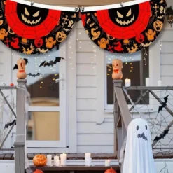 Halloween Decorations Flag Bunting Half Fan Flag Halloween Yard Hanging Bunting Flag Banner with Grommets for Porch Yard Outdoor Festival Patio Lawn Garden Party Decor