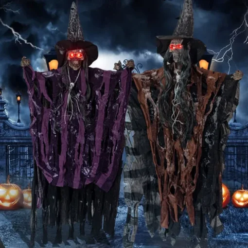 Halloween Decorations for Outdoors - Halloween Animatronic Hanging Skull Ghost Decoration with Glowing Eyes, Halloween Haunted House Props and Party Decor, Suitable for Indoor/Outdoor Displays