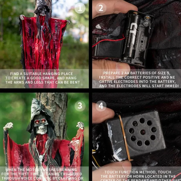 Halloween Decorations for Outdoors - Halloween Animatronic Hanging Skull Ghost Decoration with Glowing Eyes, Halloween Haunted House Props and Party Decor, Suitable for Indoor/Outdoor Displays