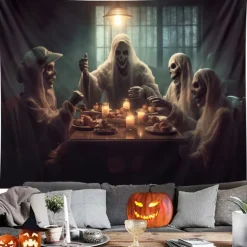 Halloween Decorations Ghosts Dinner Hanging Tapestry Wall Art Large Tapestry Mural Decor Photograph Backdrop Blanket Curtain Home Bedroom Living Room Decoration Pumpkin Haunted House