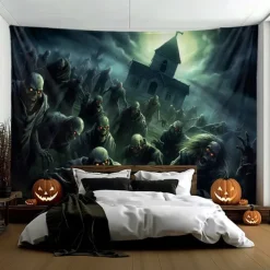 Halloween Decorations Graveyard Hanging Tapestry Wall Art Large Tapestry Mural Decor Photograph Backdrop Blanket Curtain Home Bedroom Living Room Zombie Ghost