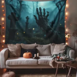 Halloween Decorations Graveyard Hanging Tapestry Wall Art Large Tapestry Mural Decor Photograph Backdrop Blanket Curtain Home Bedroom Living Room Zombie Ghost