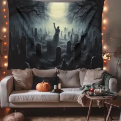 Halloween Decorations Graveyard Hanging Tapestry Wall Art Large Tapestry Mural Decor Photograph Backdrop Blanket Curtain Home Bedroom Living Room Zombie Ghost
