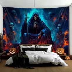 Halloween Decorations Green Skulls Hanging Tapestry Wall Art Large Tapestry Mural Decor Photograph Backdrop Blanket Curtain Home Bedroom Living Room