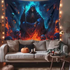 Halloween Decorations Green Skulls Hanging Tapestry Wall Art Large Tapestry Mural Decor Photograph Backdrop Blanket Curtain Home Bedroom Living Room