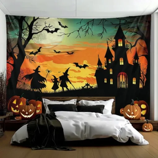 Halloween Decorations Hanging Tapestry Witches Castle Wall Art Large Tapestry Mural Decor Photograph Backdrop Blanket Curtain Home Bedroom Living Room Decoration