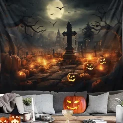 Halloween Decorations Hanging Tapestry Jack O Lantern Pumpkins Wall Art Large Tapestry Mural Decor Photograph Backdrop Blanket Curtain Home Bedroom Living Room Decoration Scarecrow Bats