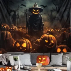 Halloween Decorations Hanging Tapestry Jack O Lantern Pumpkins Wall Art Large Tapestry Mural Decor Photograph Backdrop Blanket Curtain Home Bedroom Living Room Decoration Scarecrow Bats